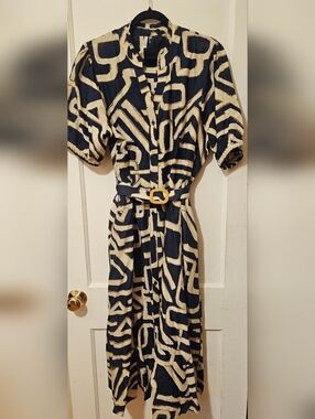 Kaktus Navy and Cream Patterned Button-Up Dress